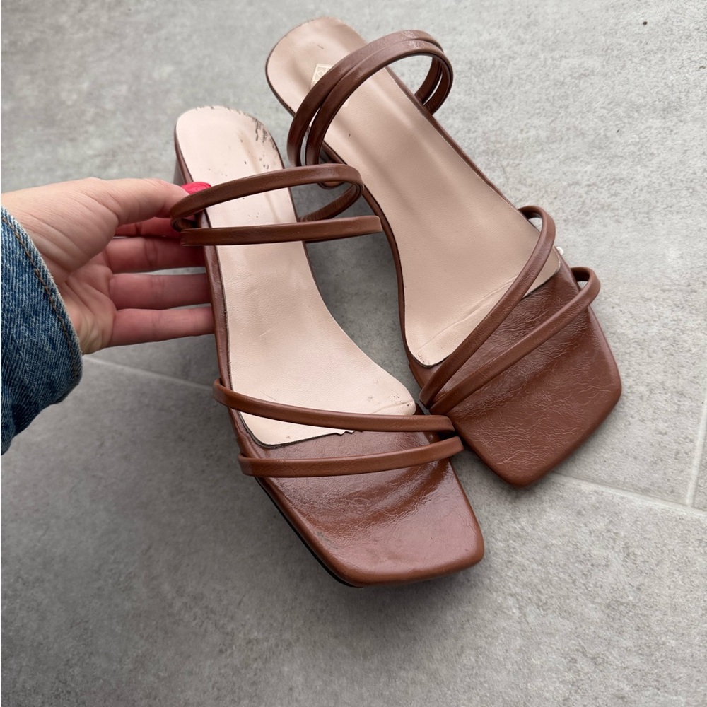 Brown Block Heel Sandals with Thin Straps